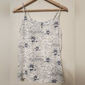 Old Navy Women's Size Large White Blue Palm Tree & Ferris Wheel Cami Tank Top.